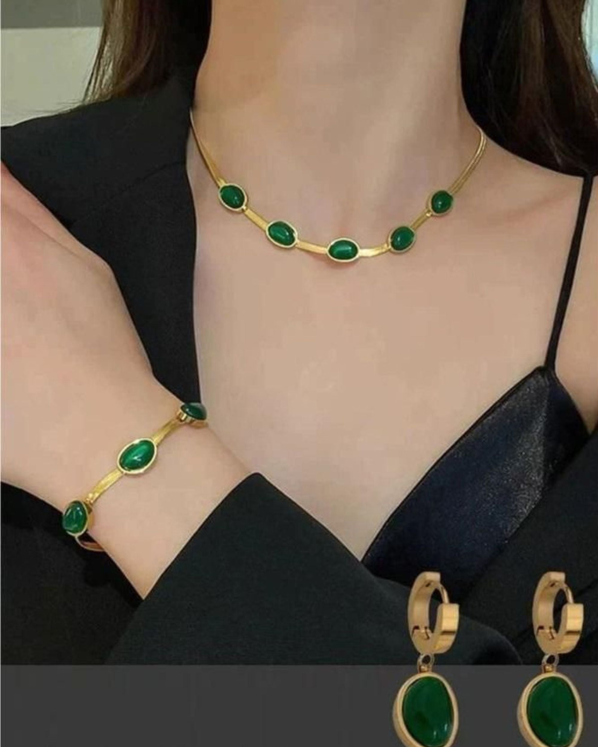Oval Green Crystal Necklace Bracelet Set
