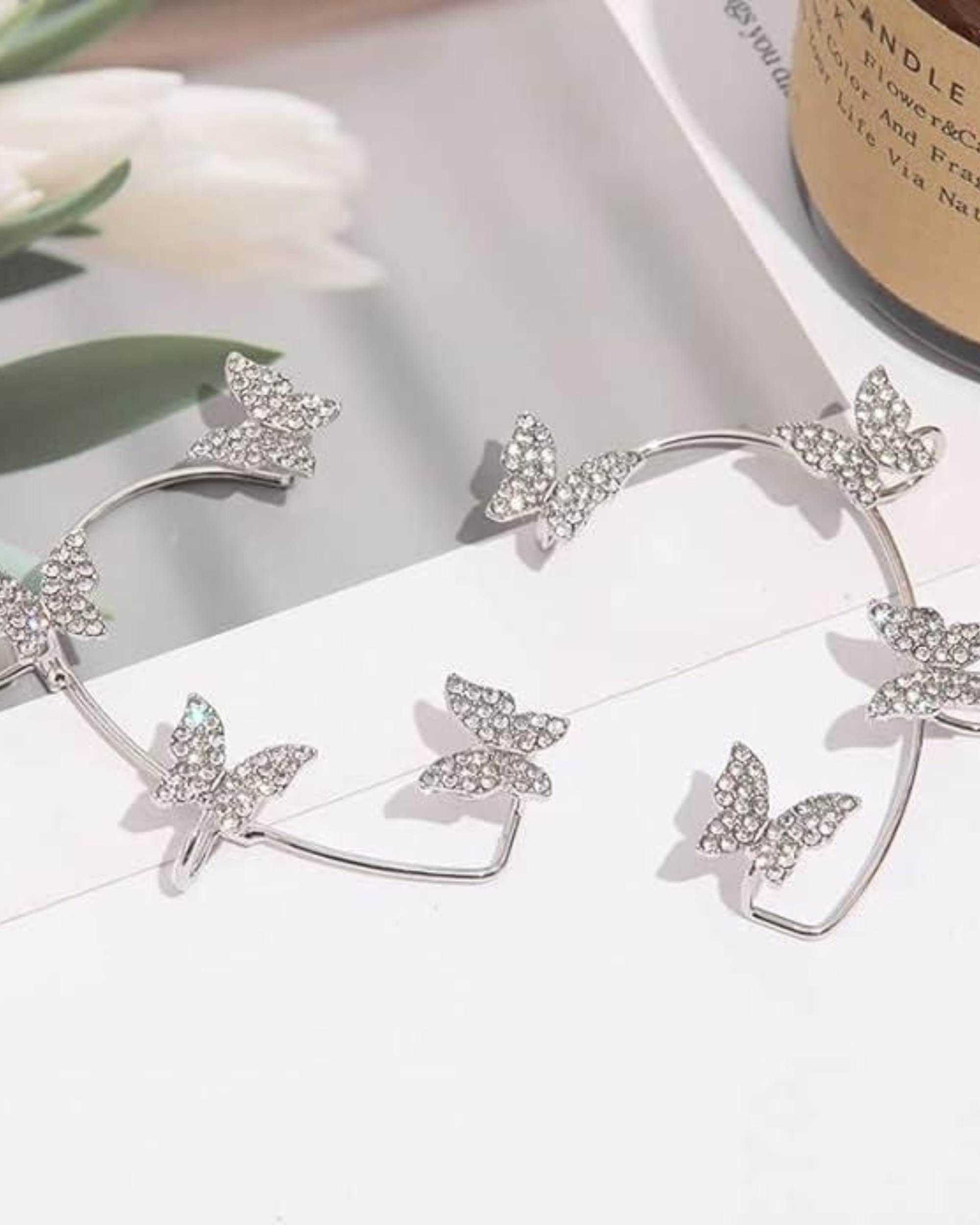 Butterfly Ear Crawler Cuff Earrings Silver Finish