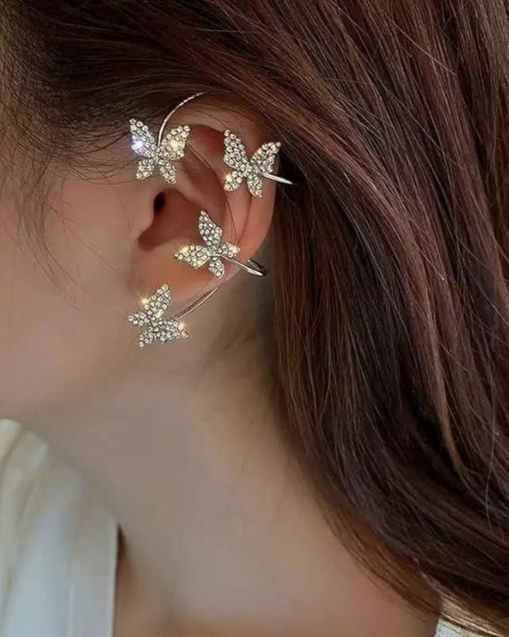 Butterfly Ear Crawler Cuff Earrings Silver Finish
