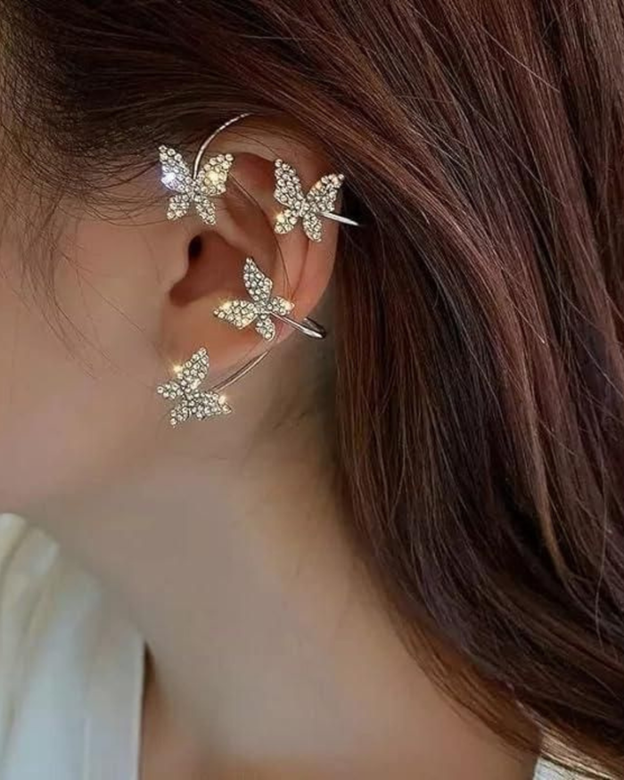 Butterfly Ear Crawler Cuff Earrings Silver Finish